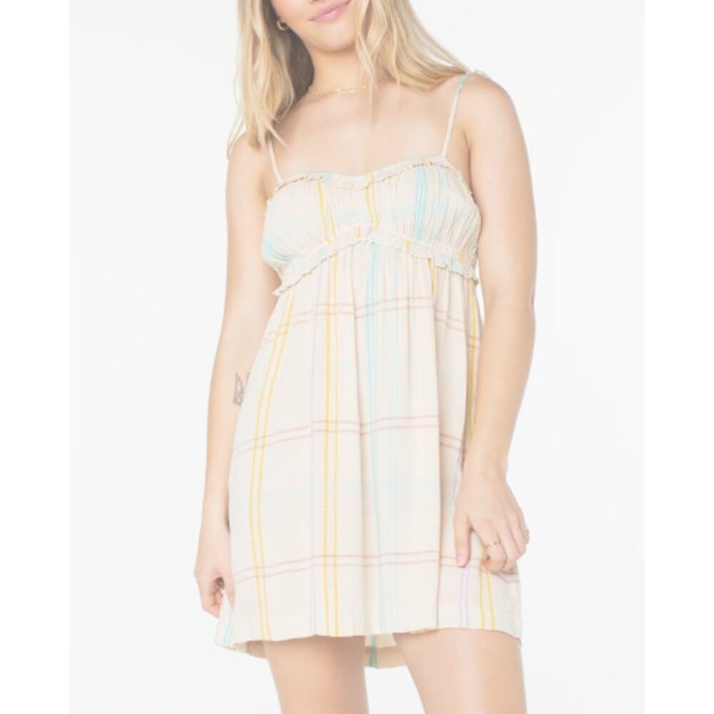 NWT Roxy Island Reverie Mini Dress Medium Parchment Windowpane Plaid Summer
